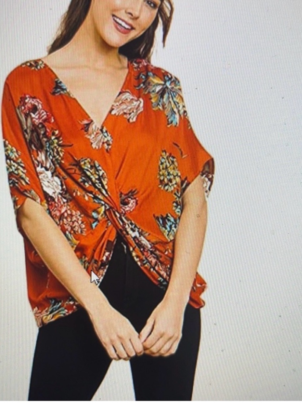 Umgee Floral Twist-Front V-Neck Women's Top in Rust